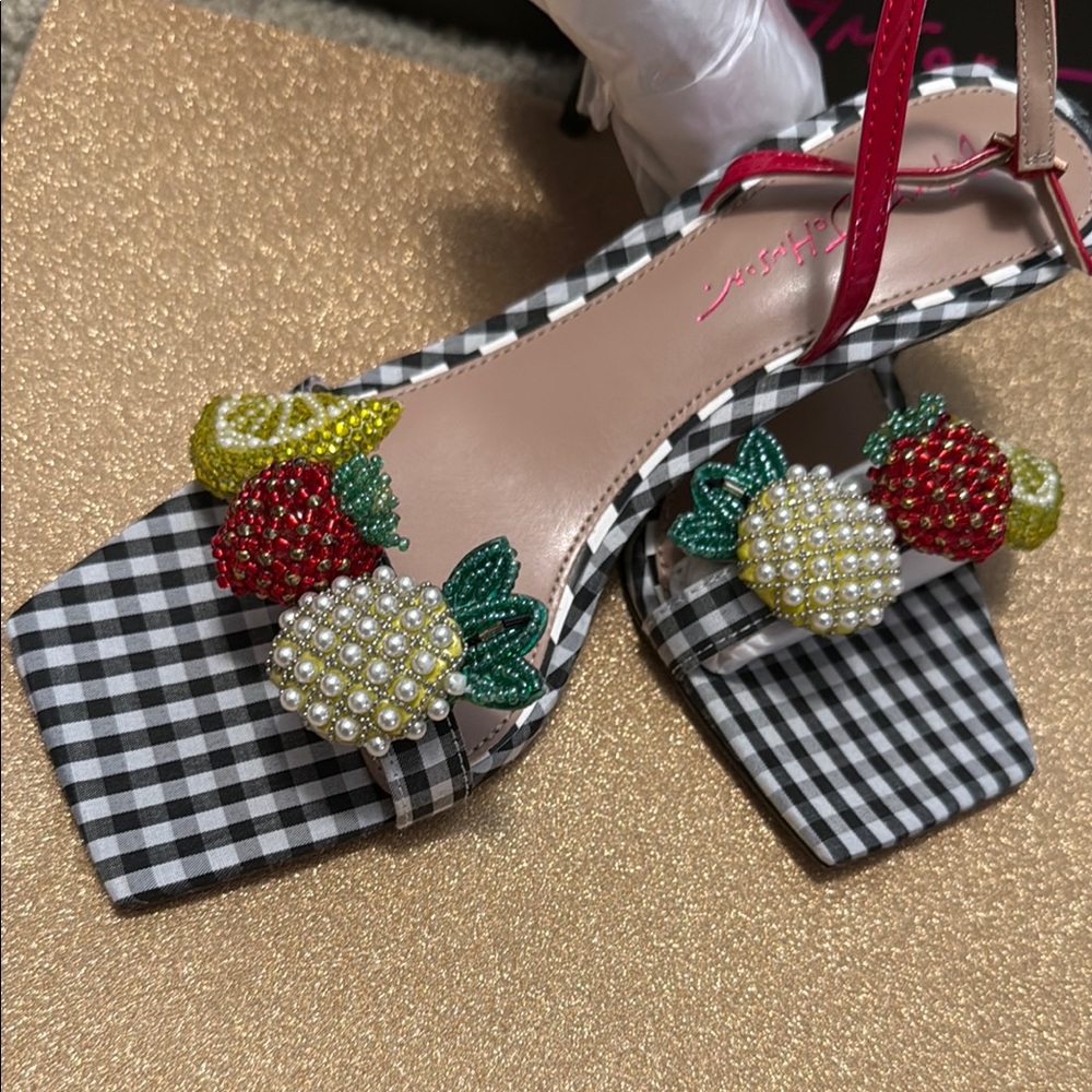 Betsey Johnson Black and White Sandals with Fruit Embellishments